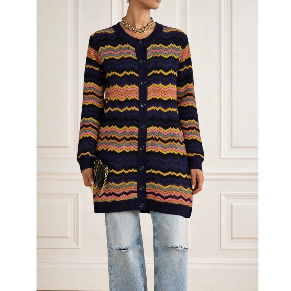 Missoni Cotton Wool Blend Striped Chevron Button Round Neck Cardigan